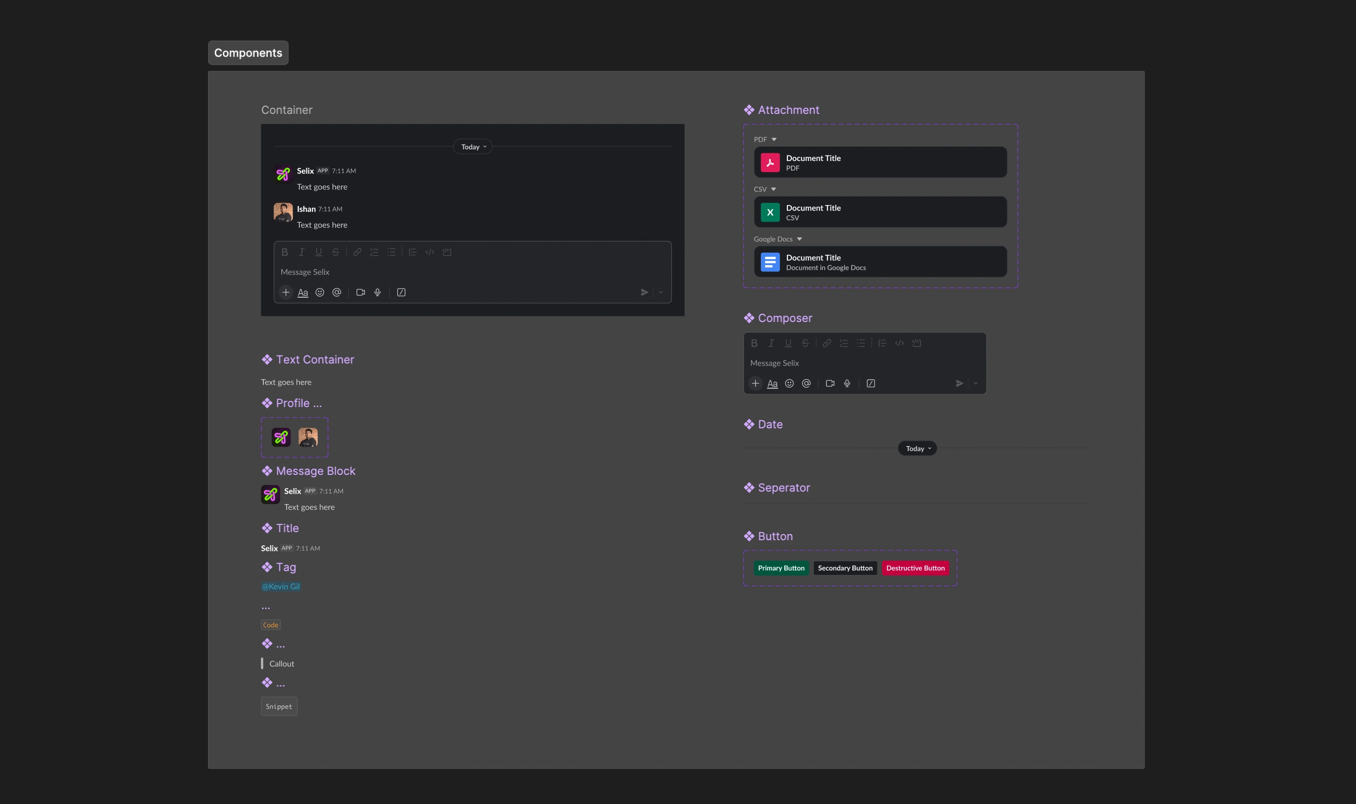 The Figma components file: documented Slack components including containers, message blocks, composer, attachments, tags and buttons