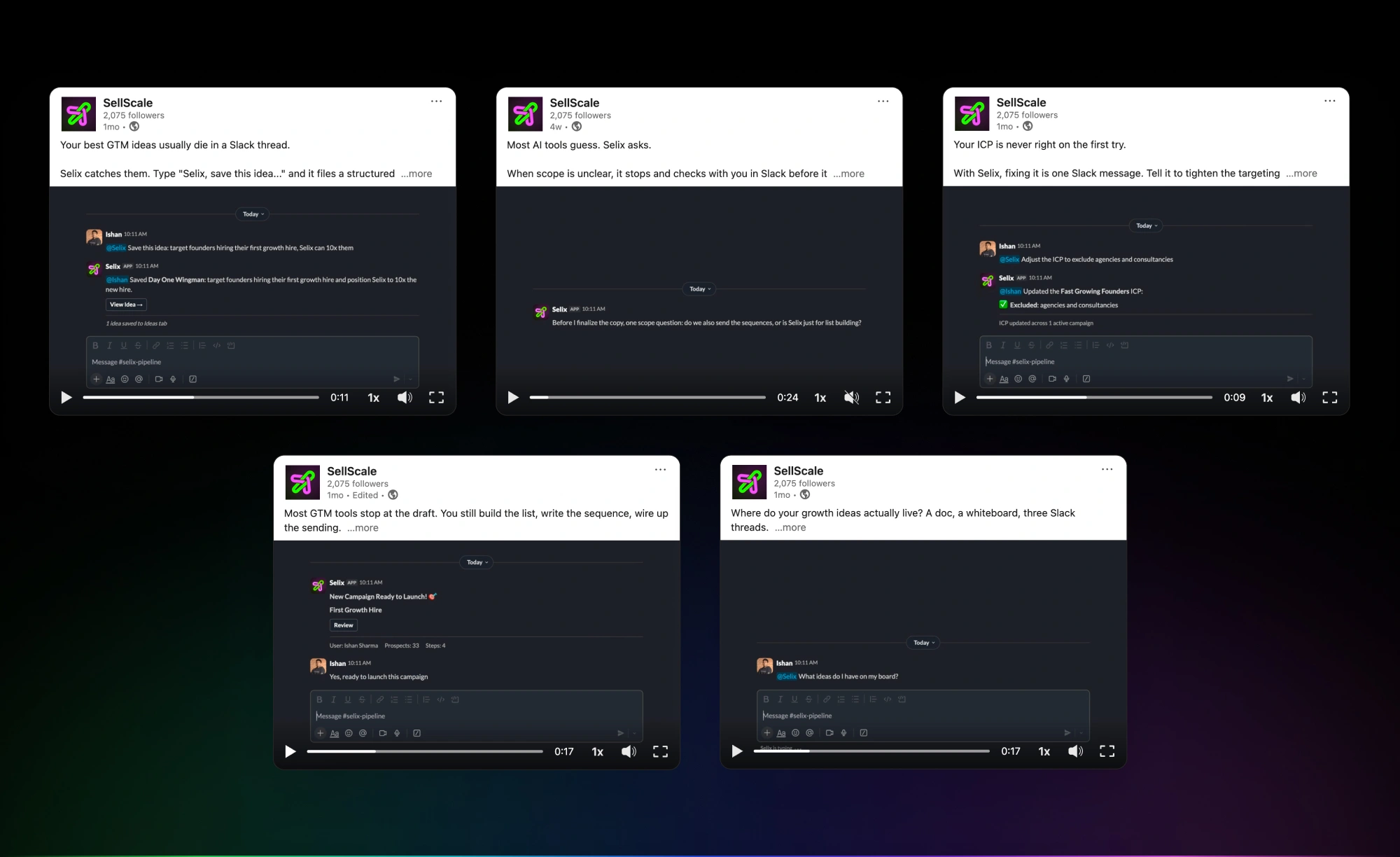 The five snippets as published posts on SellScale's LinkedIn