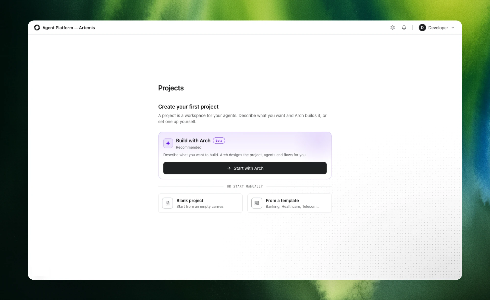 The projects page of a fresh Artemis workspace before this work: a bare empty state with no guidance
