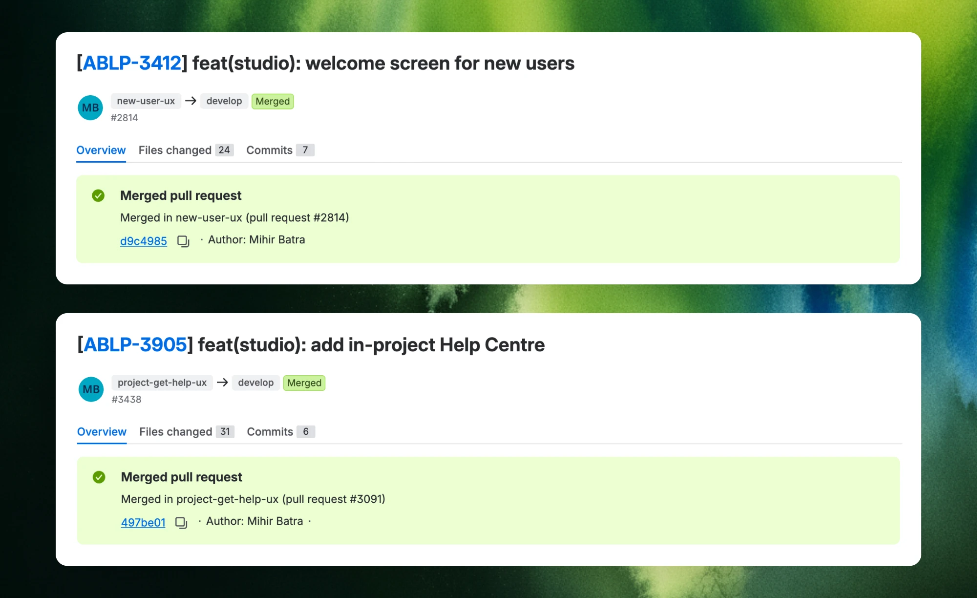 Bitbucket pull request list showing the merged PRs behind the first-run and Help Centre releases