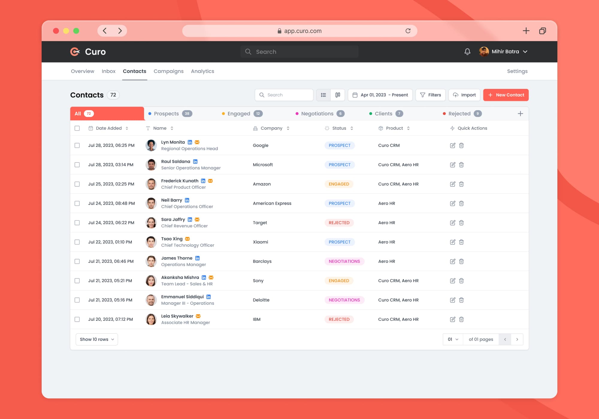 Curo — Contacts kanban view